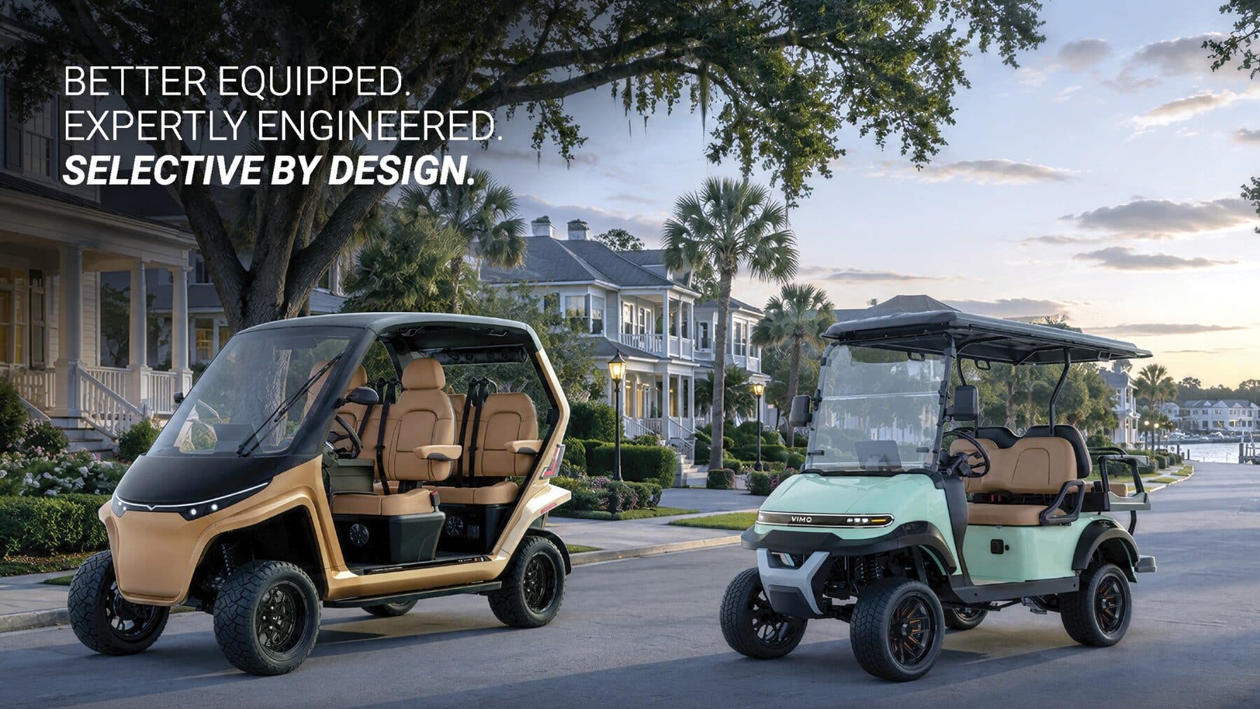 Vimo P1 and C1 vehicles in a coastal community